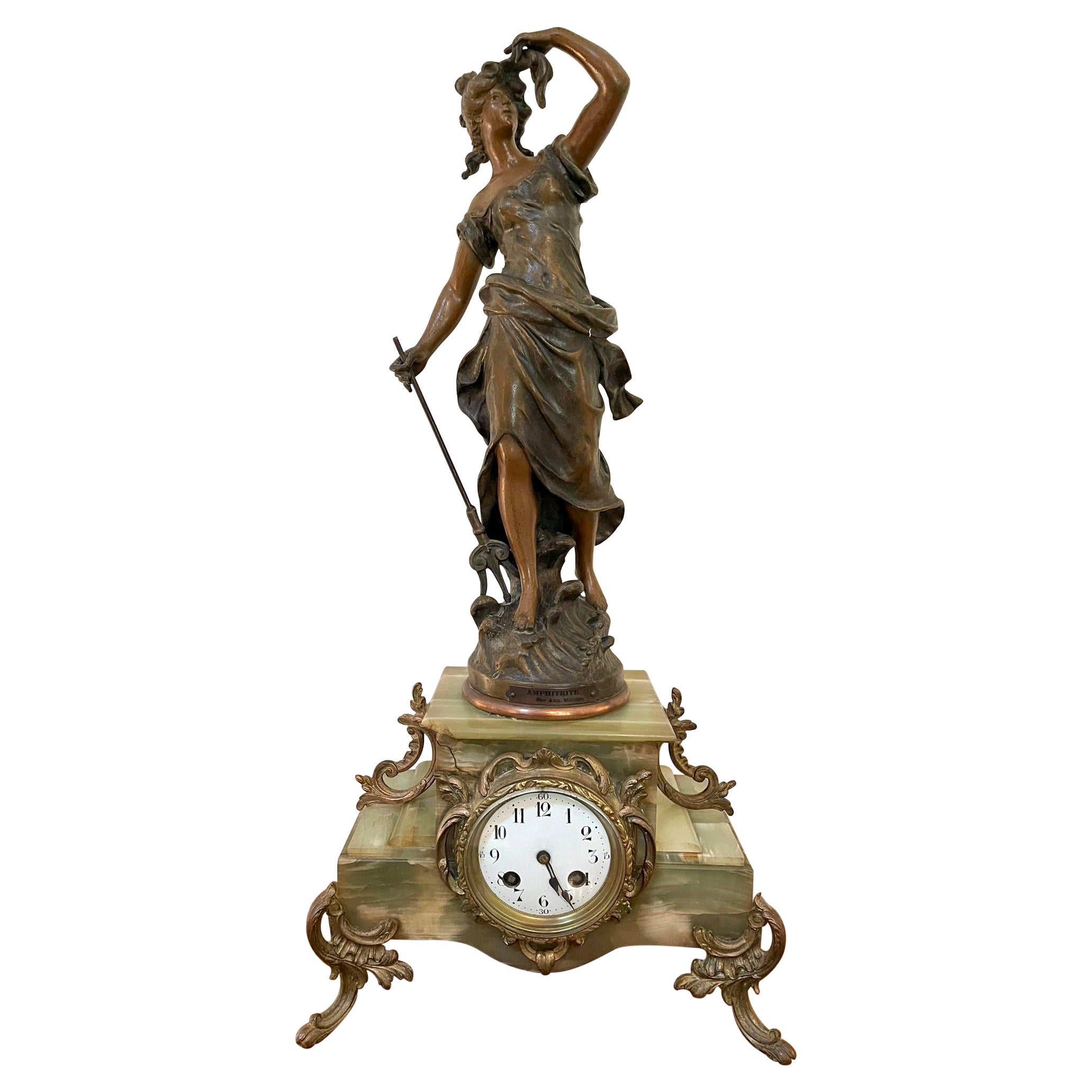 Antique 19th Century French Spelter and Onyx Clock For Sale