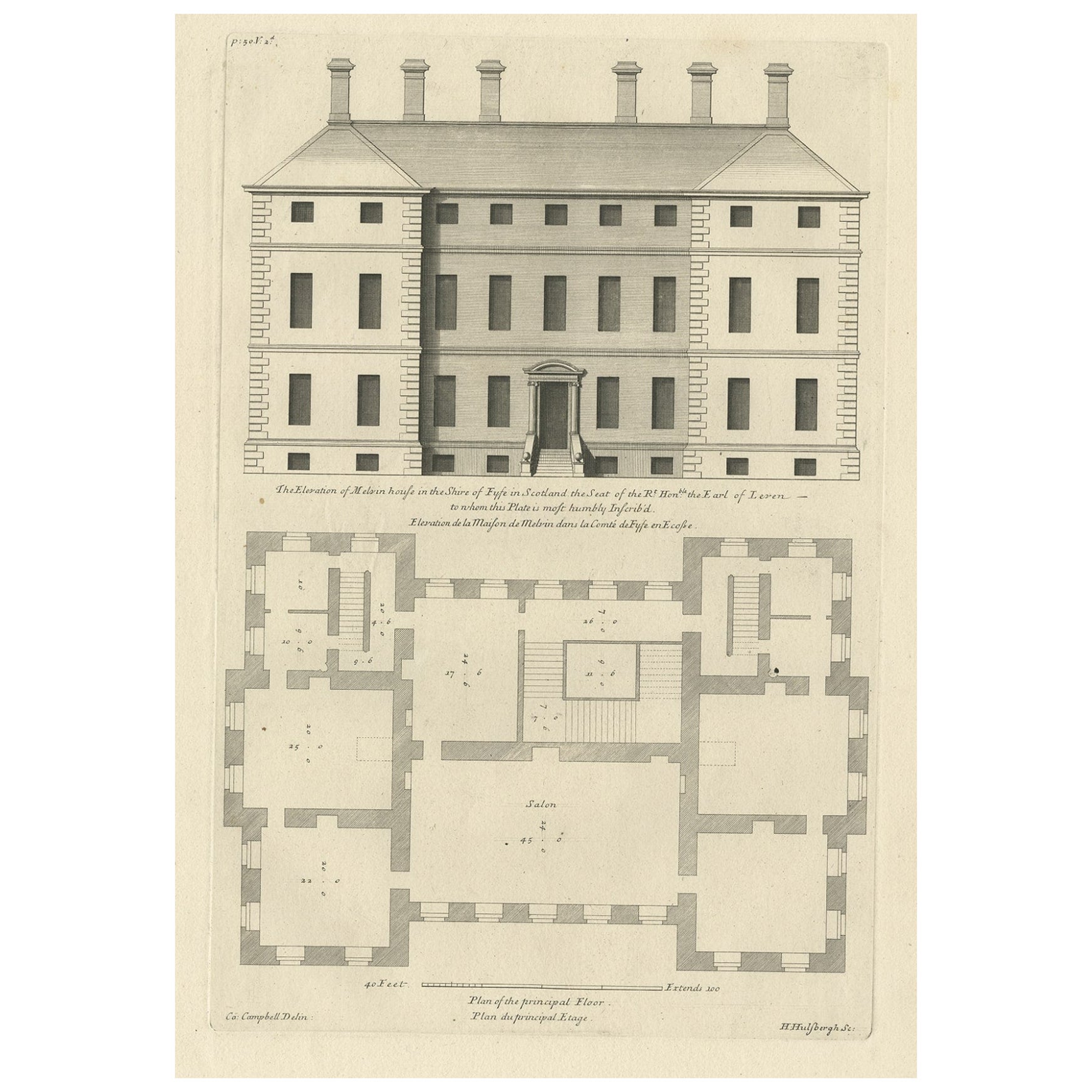 Antique Print of the Melville House in Fife, Scotland, 1725 For Sale