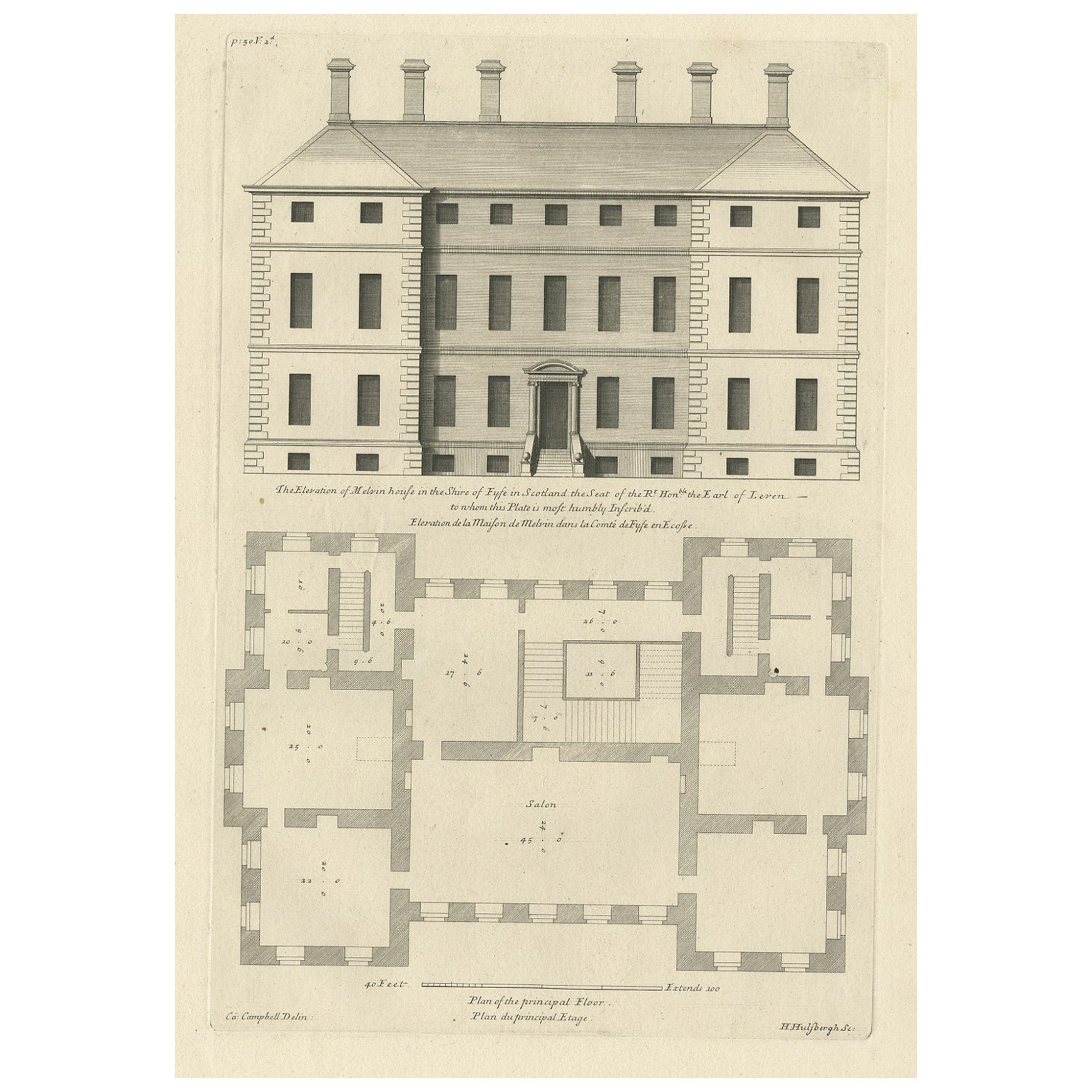 Antique Print of the Melville House in Fife, Scotland, 1725