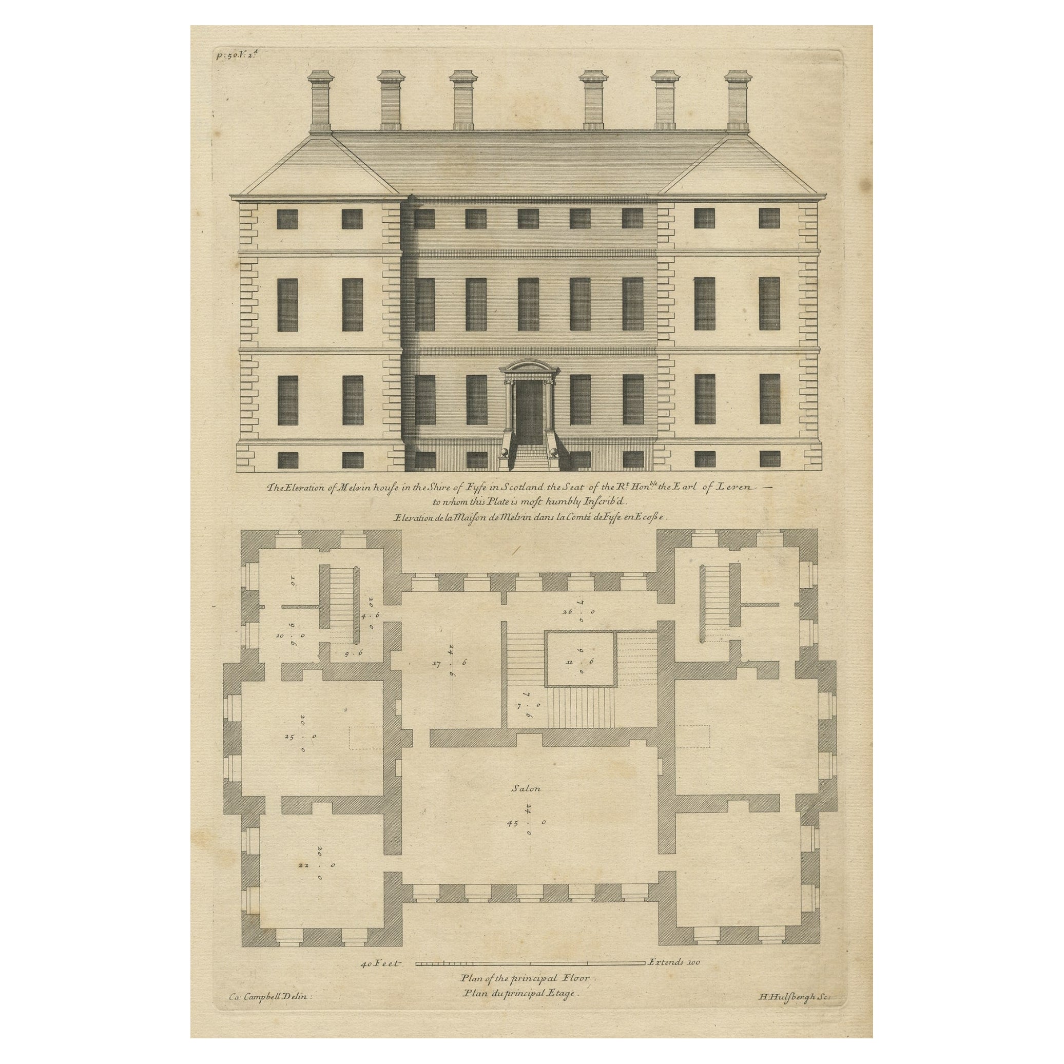Antique Print of the Melville House in Fife, Scotland, 1725