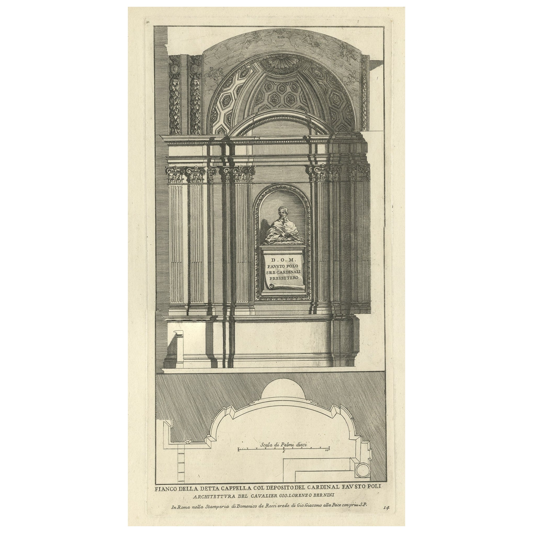 Antique Print of the Monument to Fauso Poli, San Crisogono, Rome, Italy, c.1710