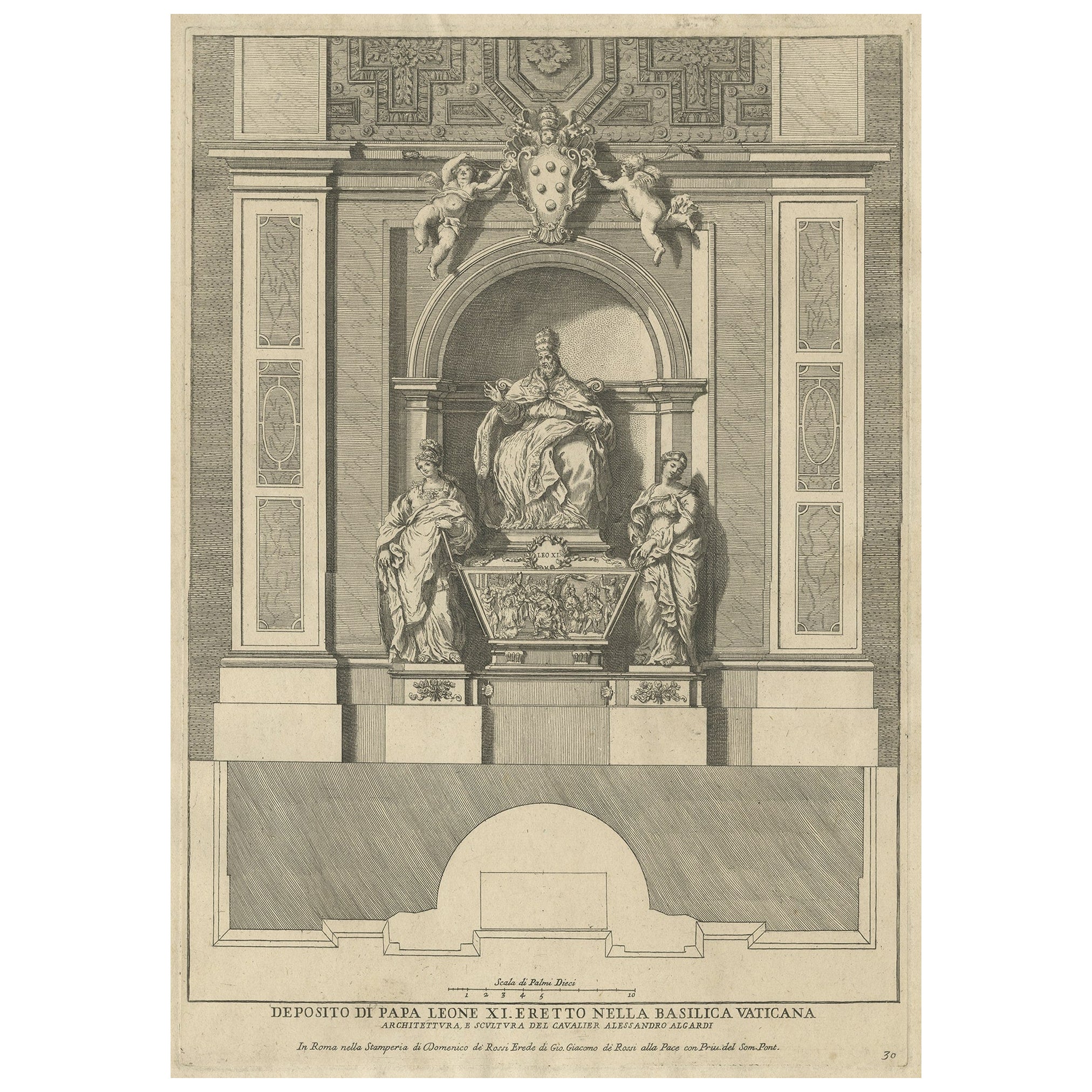 Antique Print of the Monument to Pope Leo XI, Located in the Vatican, c.1710