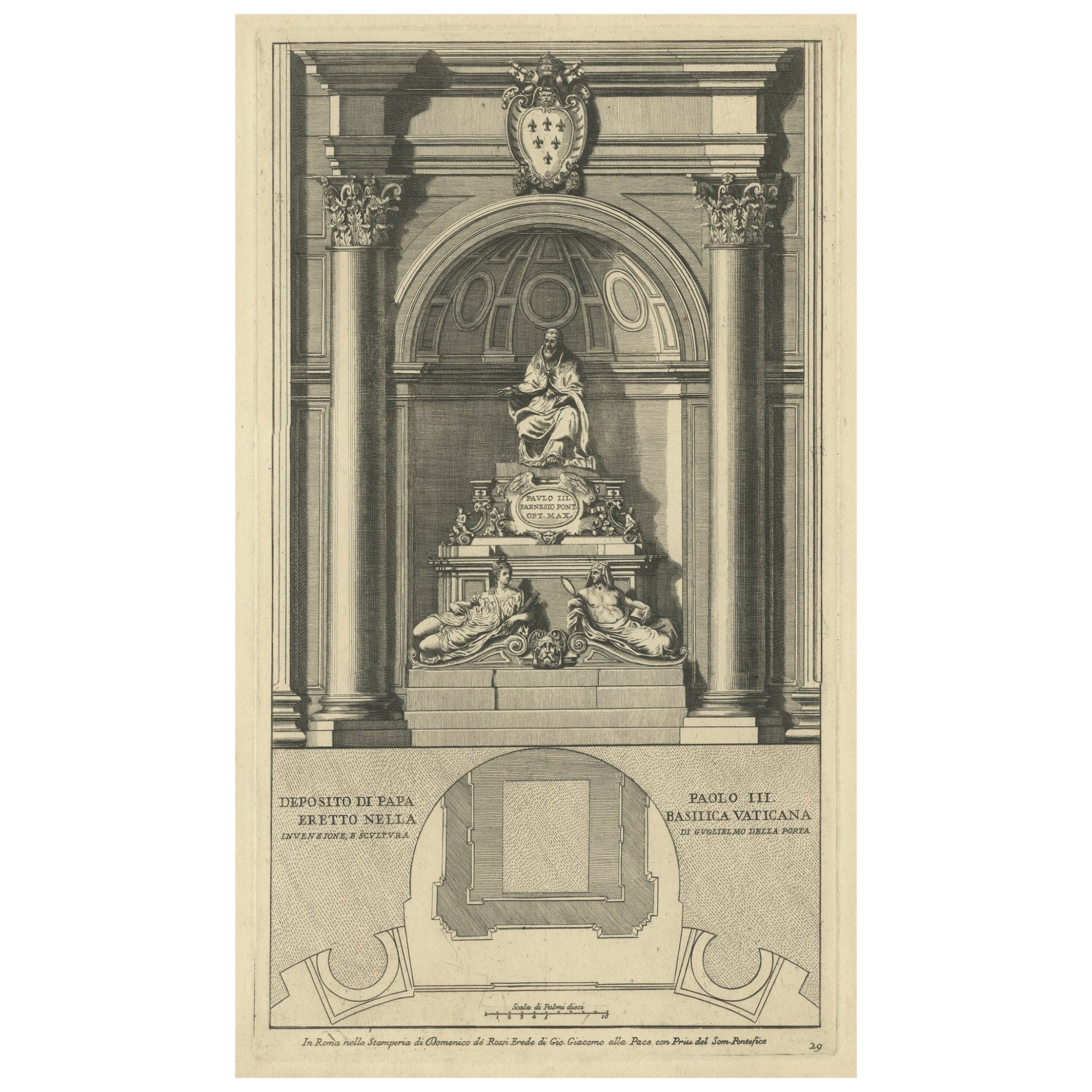 Antique Print of the Monument to Pope Paul iii Located in the Vatican, c.1710