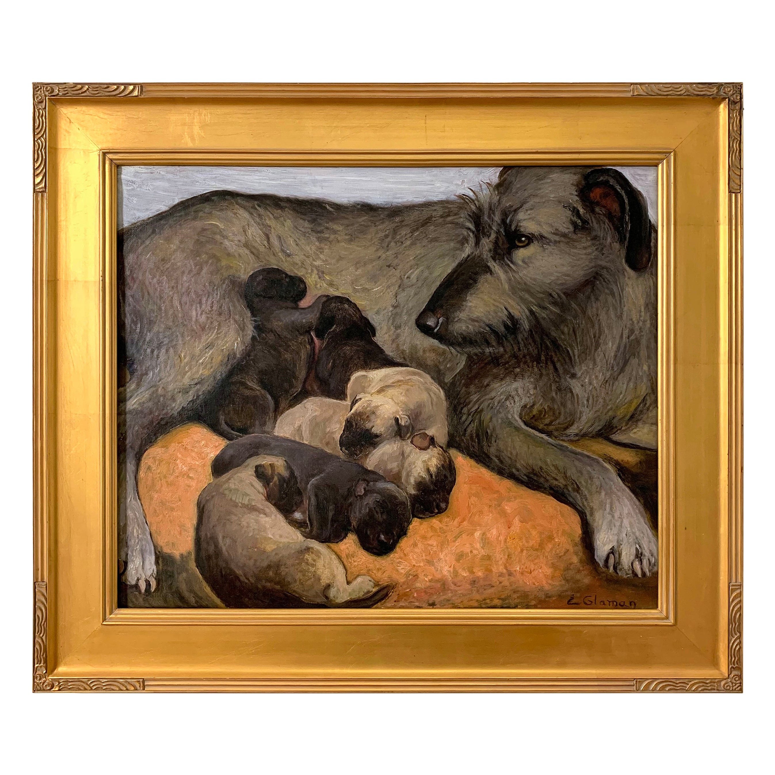 Eugenie Fish Glaman WPA Era Painting of Mother Dog and Pups