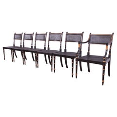 Baker Furniture Ebonized and Gold Gilt Regency Dining Chairs, Set of Six