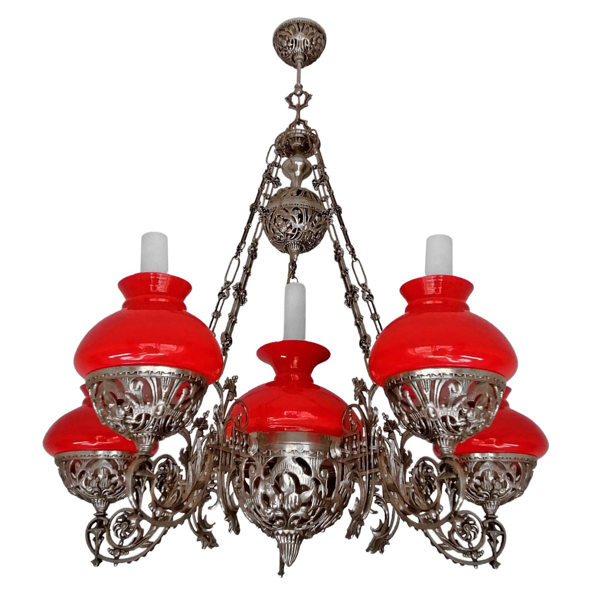 Large Victorian Chandelier Hanging Oil Lamp in Nickel & Opaline Red Glass Shades For Sale