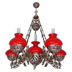 Large Victorian Chandelier Hanging Oil Lamp in Nickel & Opaline Red Glass Shades