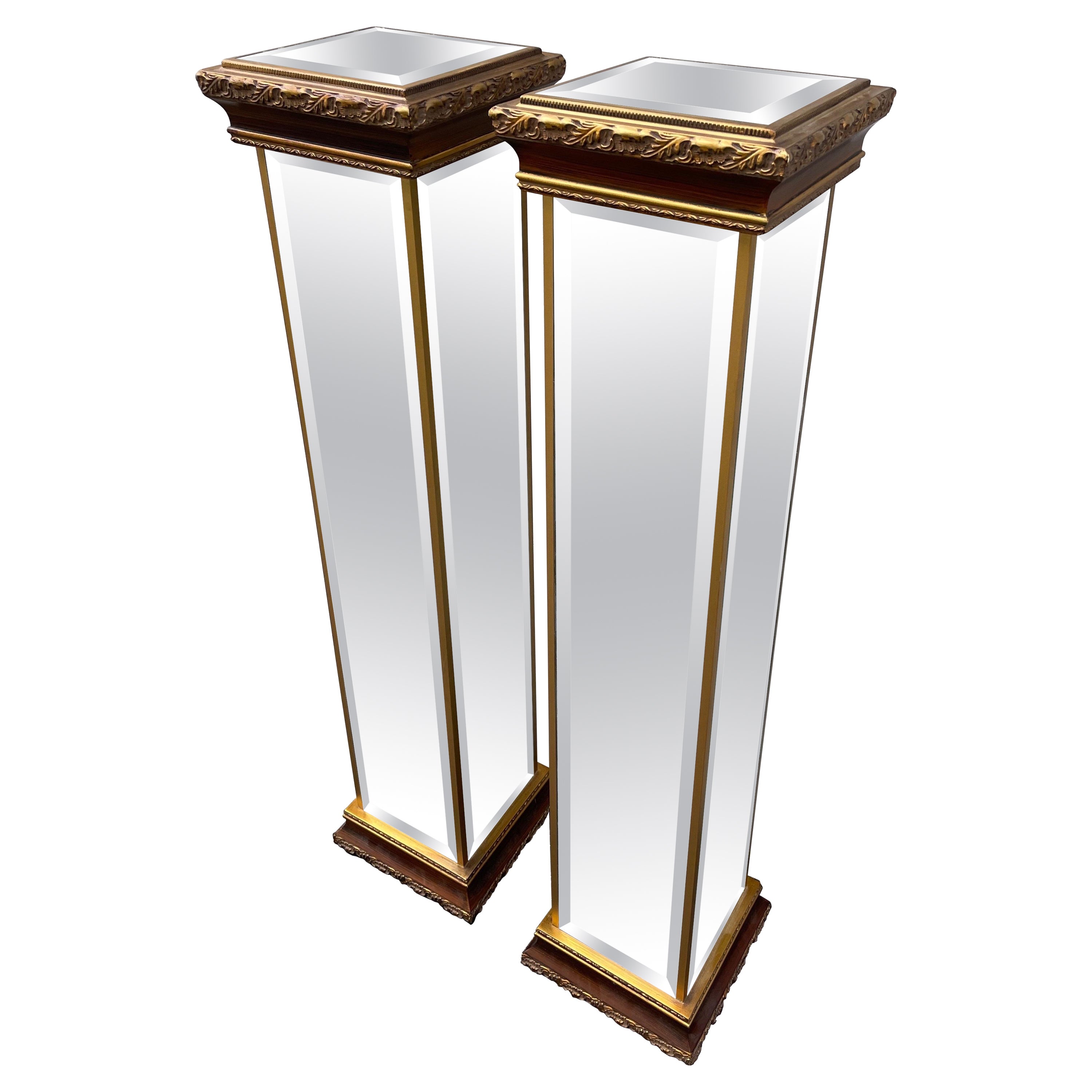 Pair of French Style Mirrored & Gilded Pedestals For Sale