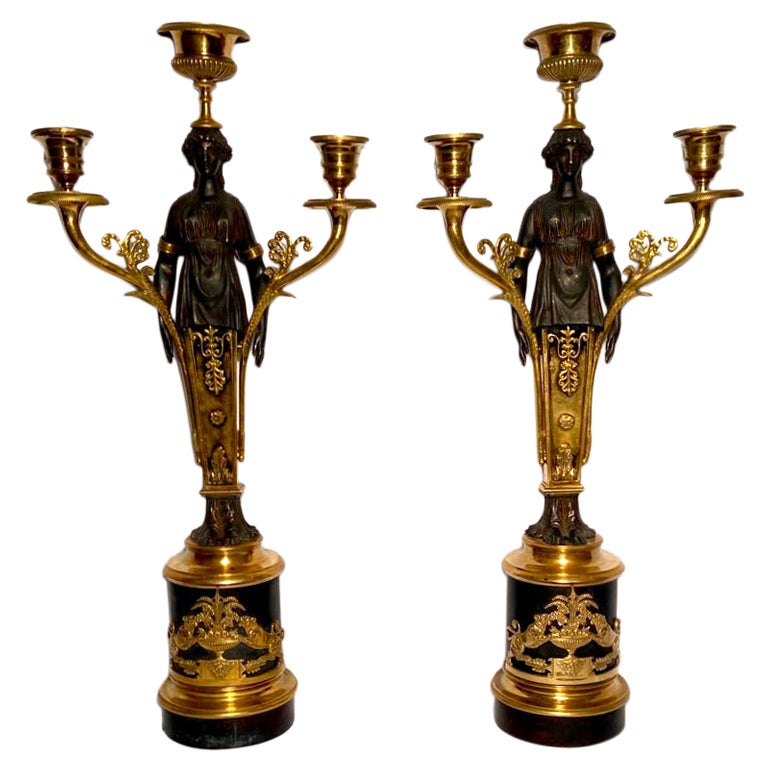 Pair Antique French Ormolu & Patinated Bronze Candelabra, Circa 1885 For Sale