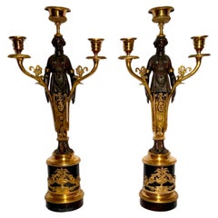 Paire de candélabres français anciens en bronze doré et patiné, vers 1885