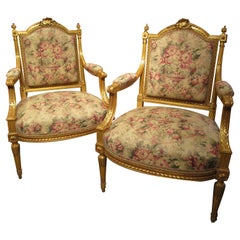 Very Fine Pair of French Louis XVI Gilt Open Armchairs