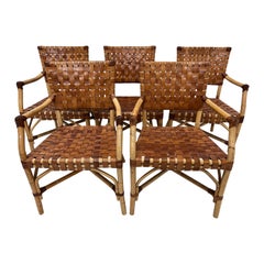 Bamboo and Woven Leather Dining Arm Chairs, 1970s, Set of Five