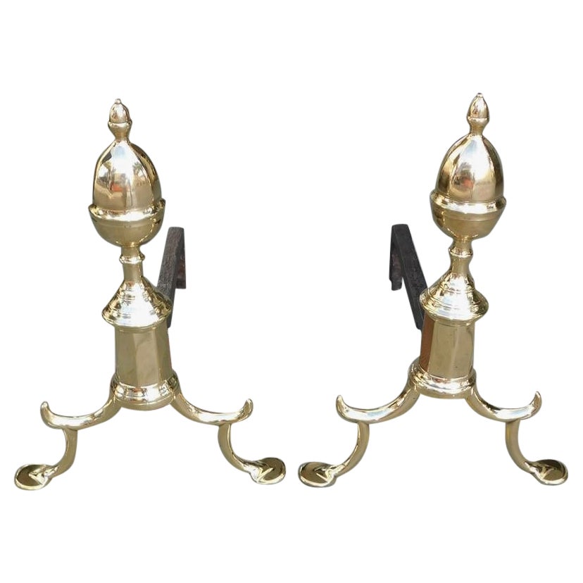 Pair of American Brass Acorn Finial Andirons with Spur Legs & Penny Feet NY 1780 For Sale