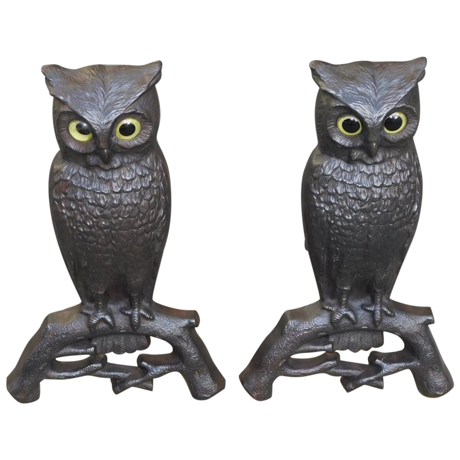 Pair of American Cast Iron Owl Andirons with Orig. Glass Eyes, Boston, C. 1890 For Sale
