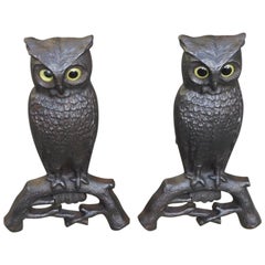 Pair of American Cast Iron Owl Andirons with Orig. Glass Eyes, Boston, C. 1890