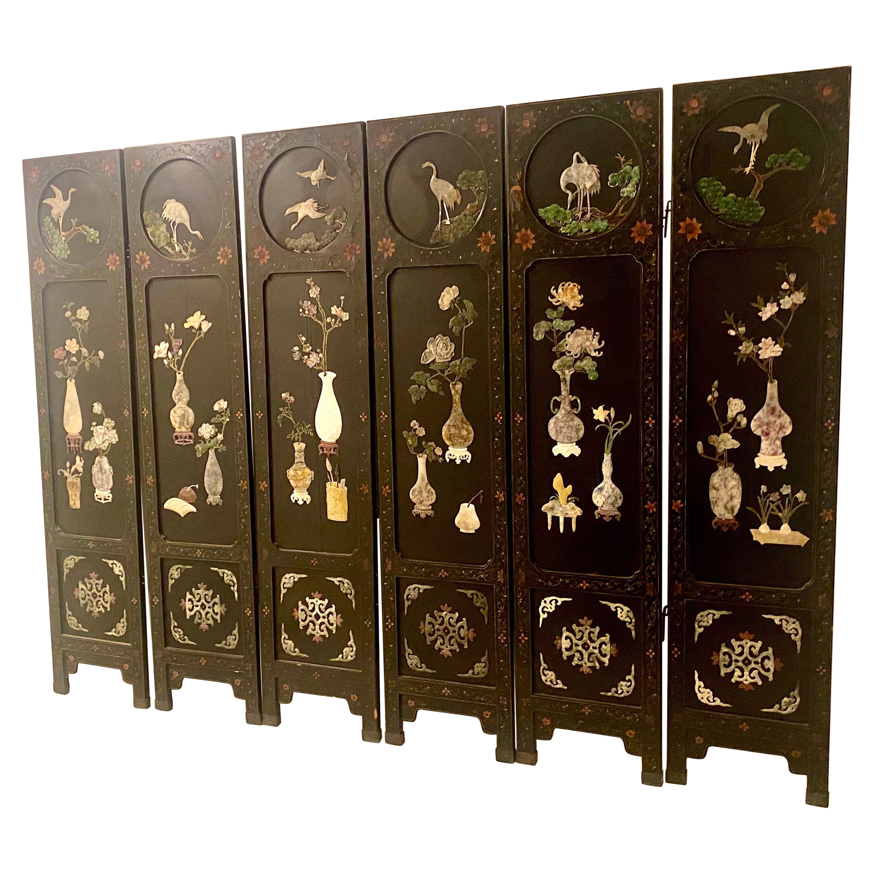Chinese Soapstone, Semiprecious Hardstone and Lacquer Folding Screen