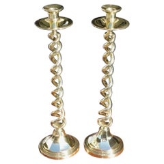 Vintage Pair of English Barley Twist Candlesticks with Circular Faceted Bases, C. 1840