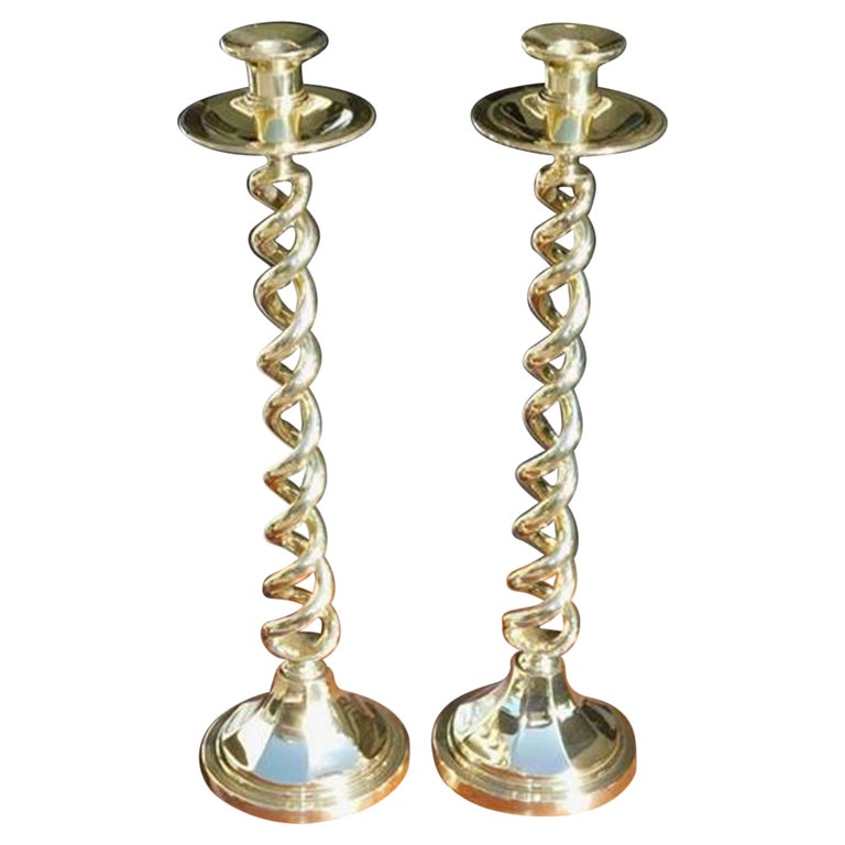 Pair of English Barley Twist Candlesticks with Circular Faceted