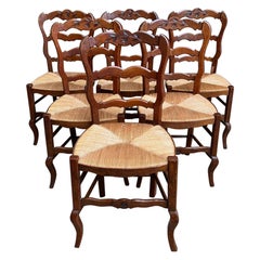 Set 6 Vintage French Carved Oak Ladder Back Dining Kitchen Chair Rush Seat