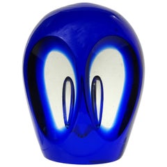 Salviati Murano Sommerso Cobalt Blue Italian Art Glass Owl Figure Paperweight