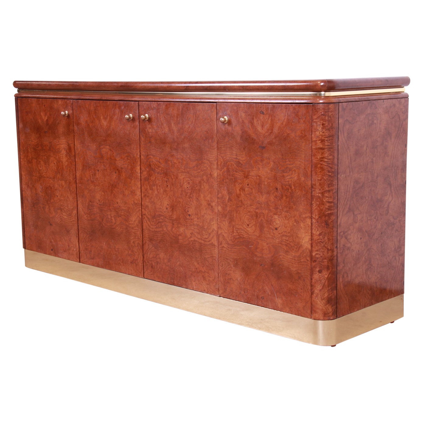 Lane Mid-Century Modern Burl Wood and Brass Sideboard Credenza, 1970s