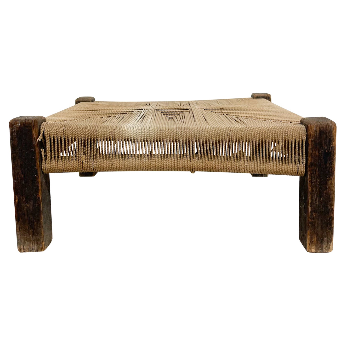 Rustic Low-Profile Stool in Woven Rope on Wood Frame Arts & Crafts For Sale