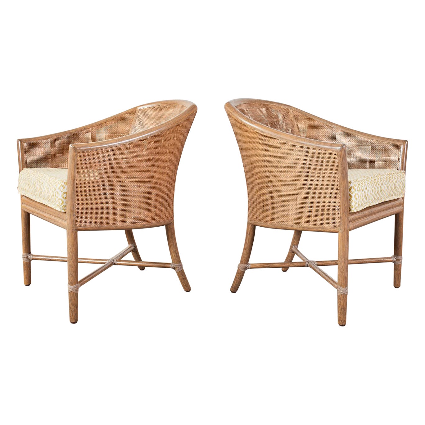 Pair of McGuire Rattan Cane Barrel Back Dining Chairs