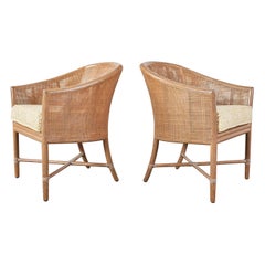 Pair of McGuire Rattan Cane Barrel Back Dining Chairs