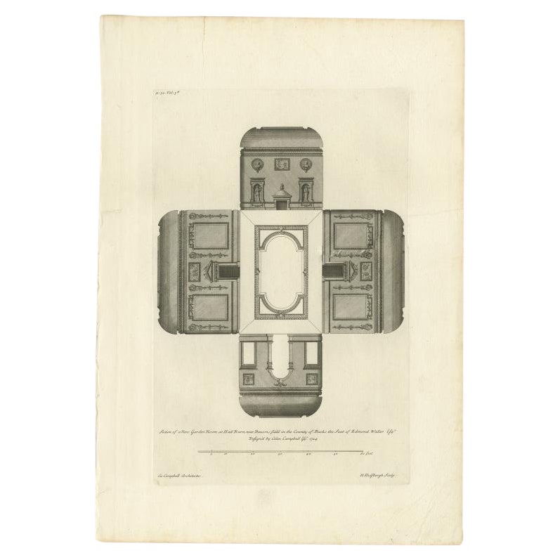 Antiker Druck des neuen Gartenzimmers des Flurs von Hall Barn von Campbell, 1725