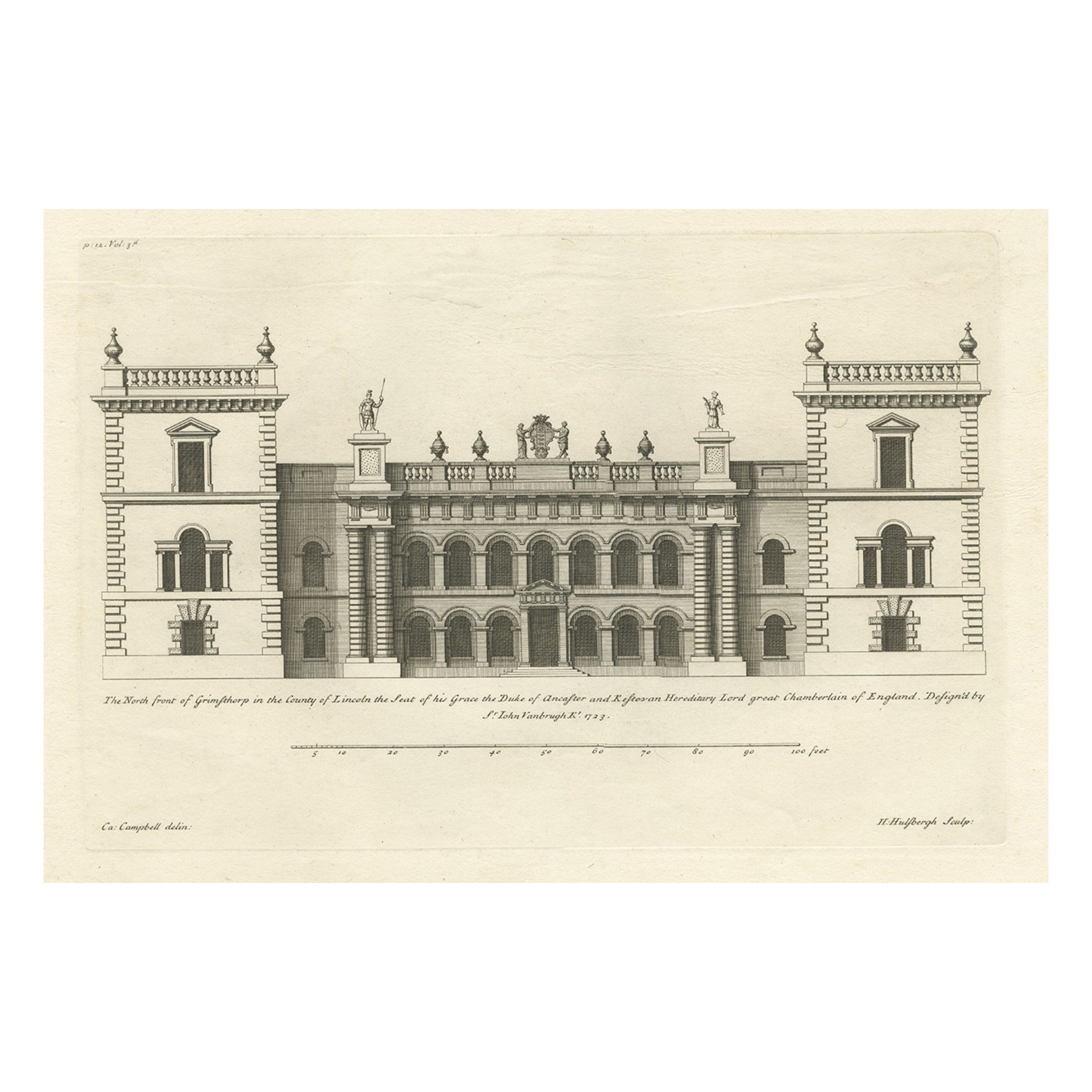 Antique Engraving of Grimsthorpe Castle in Lincolnshire, England, 1715