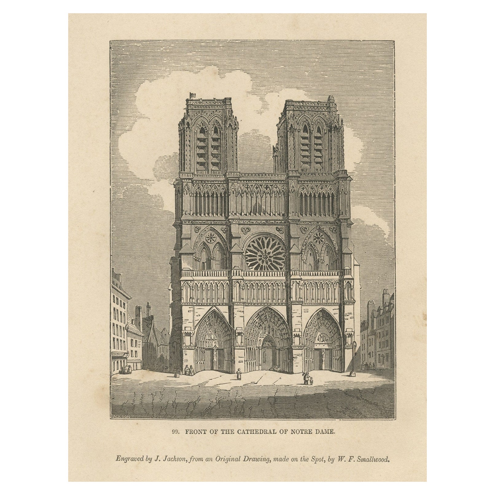 Antique Print of the Notre-Dame de Paris Cathedral in Paris, France, 1835 For Sale