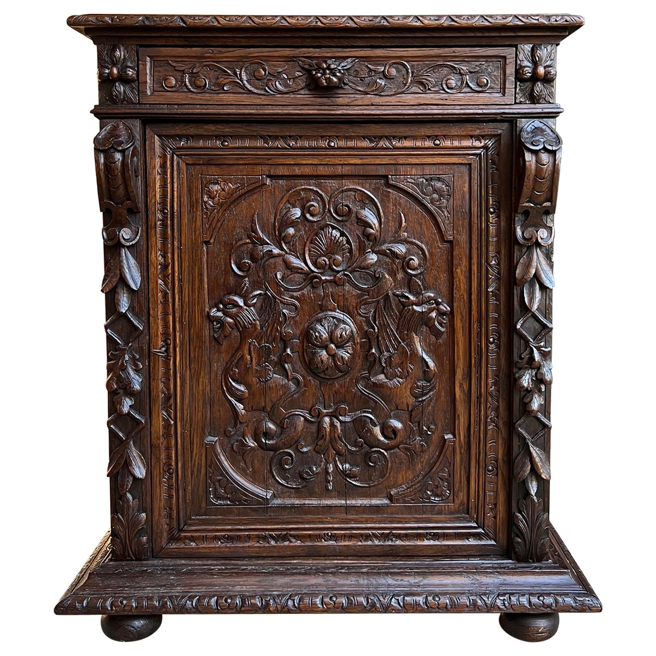 19th Century French Carved Oak Hunt Cabinet Confiturier Renaissance