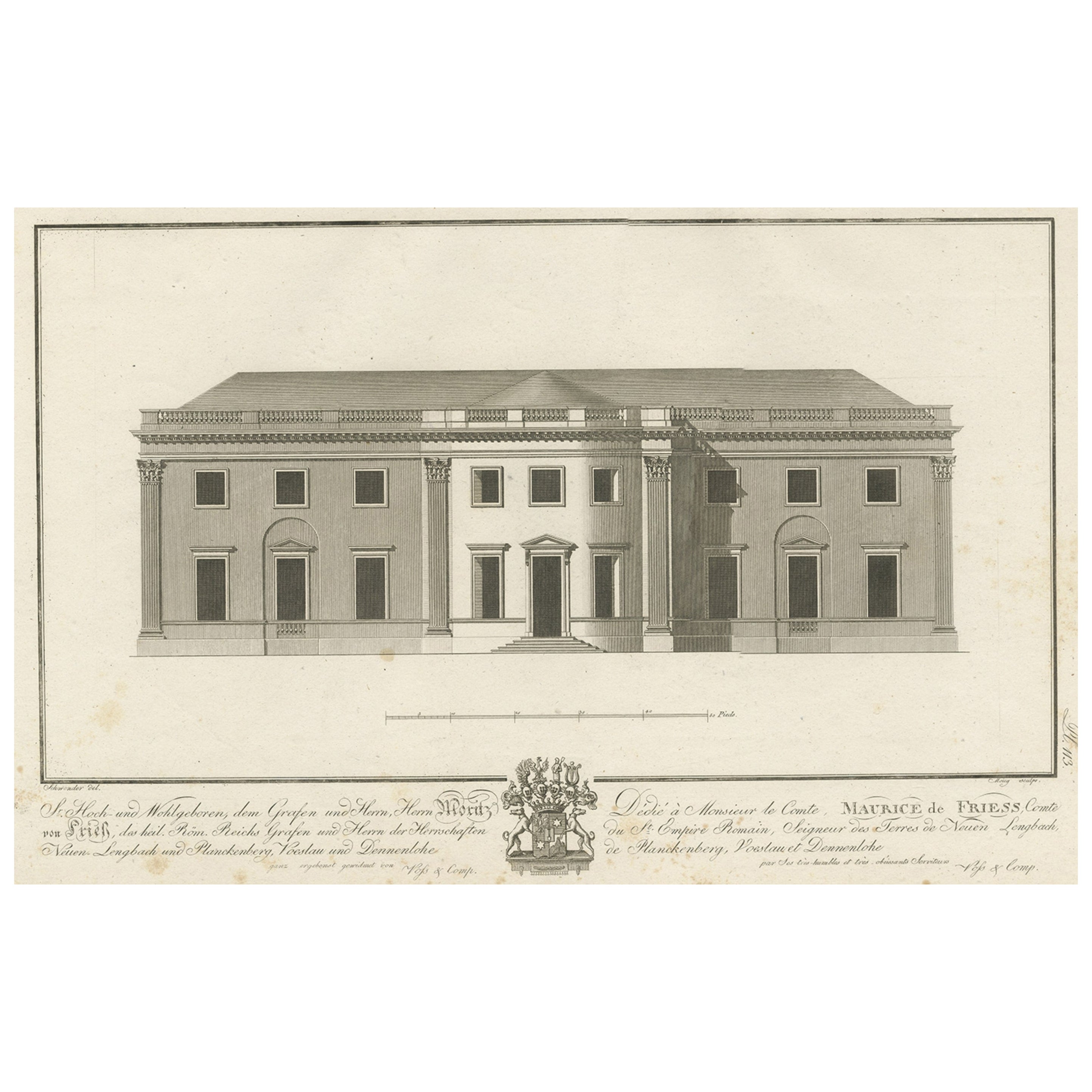 Antiker Druck der Residenz des Grafen Moritz von Fries, Österreich, um 1800 im Angebot