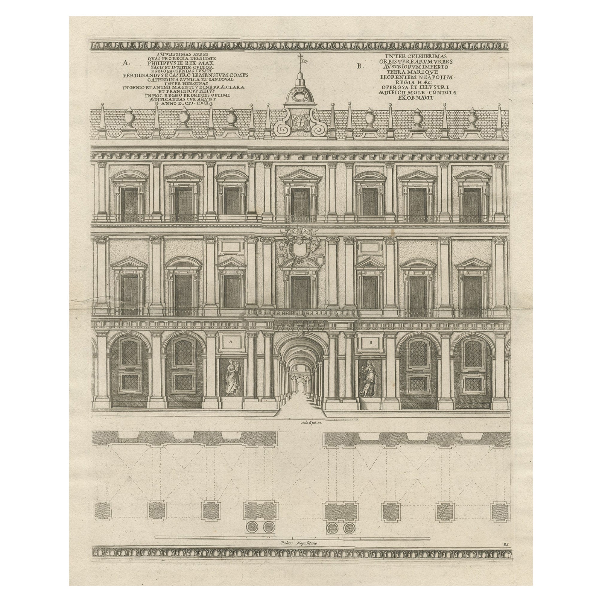 Gravure ancienne du Palais Royal de Naples en Italie, c.1760