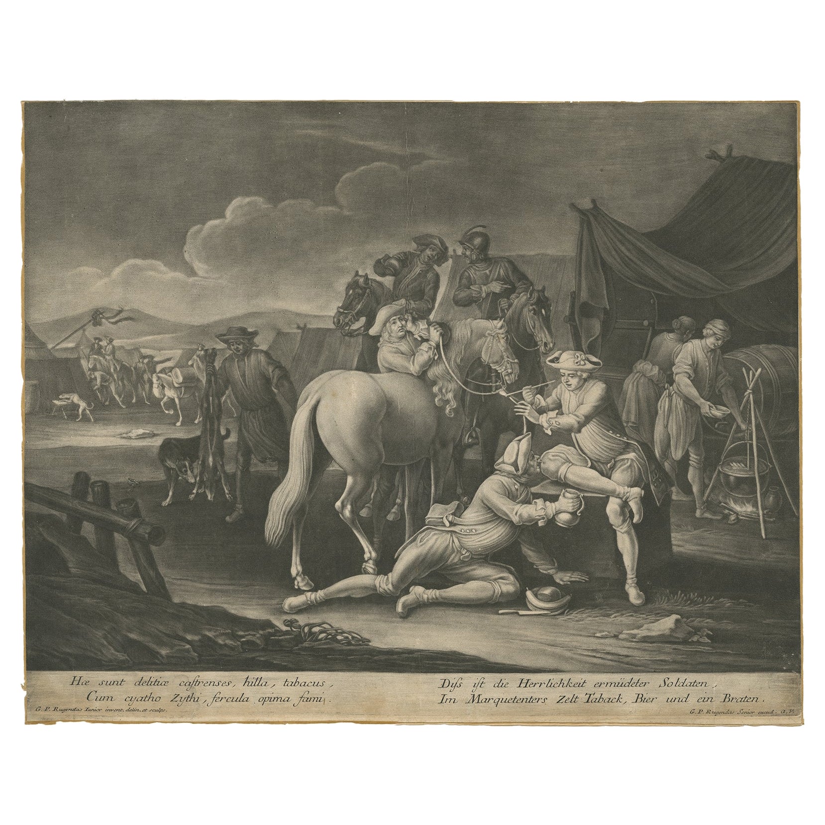 Mezzotint of Soldiers Near the Sutler's Tent for Tobacco, Beer and Meat, Ca.1750 For Sale