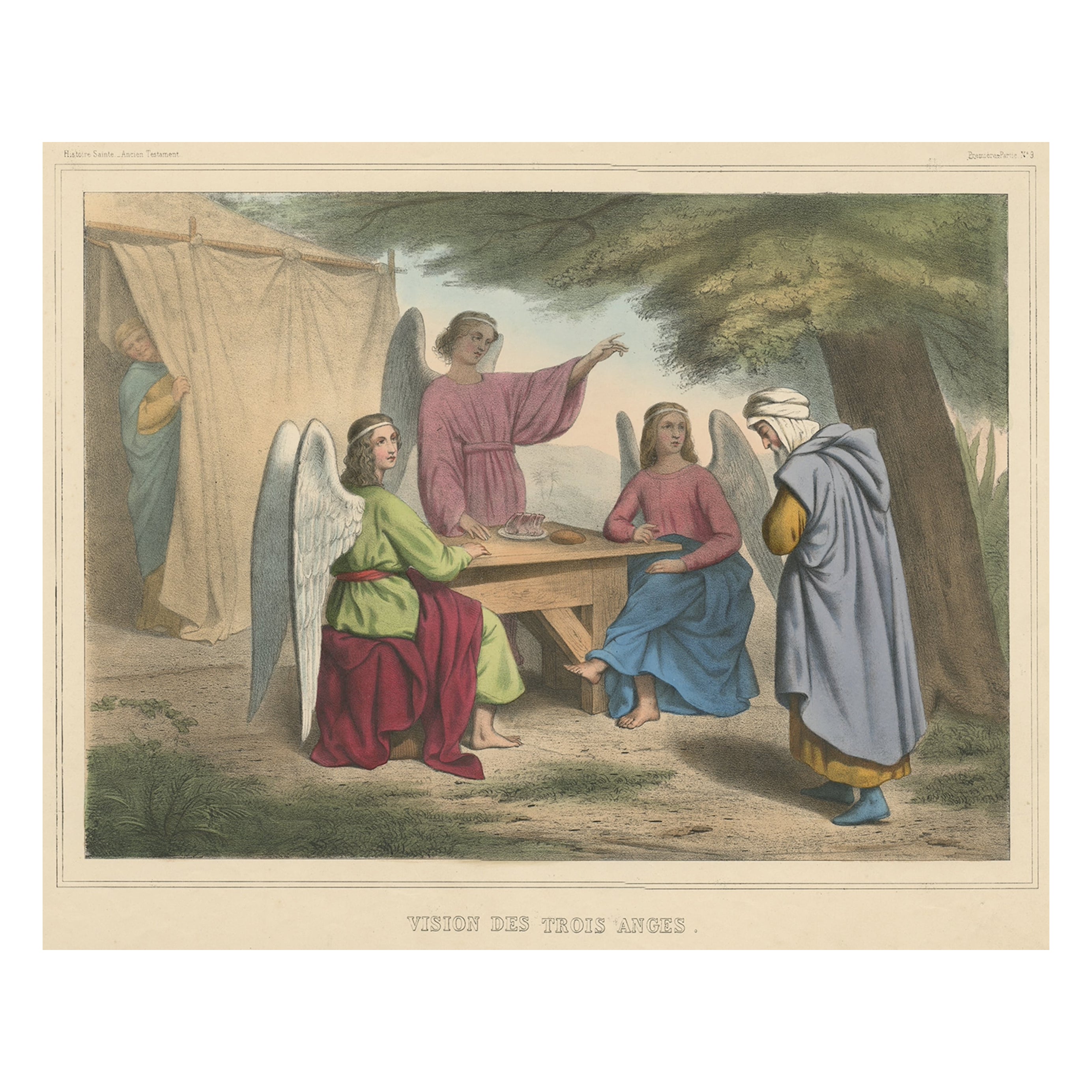 Ancienne estampe du Vieux Testament La Vision des Trois Anges, vers 1840