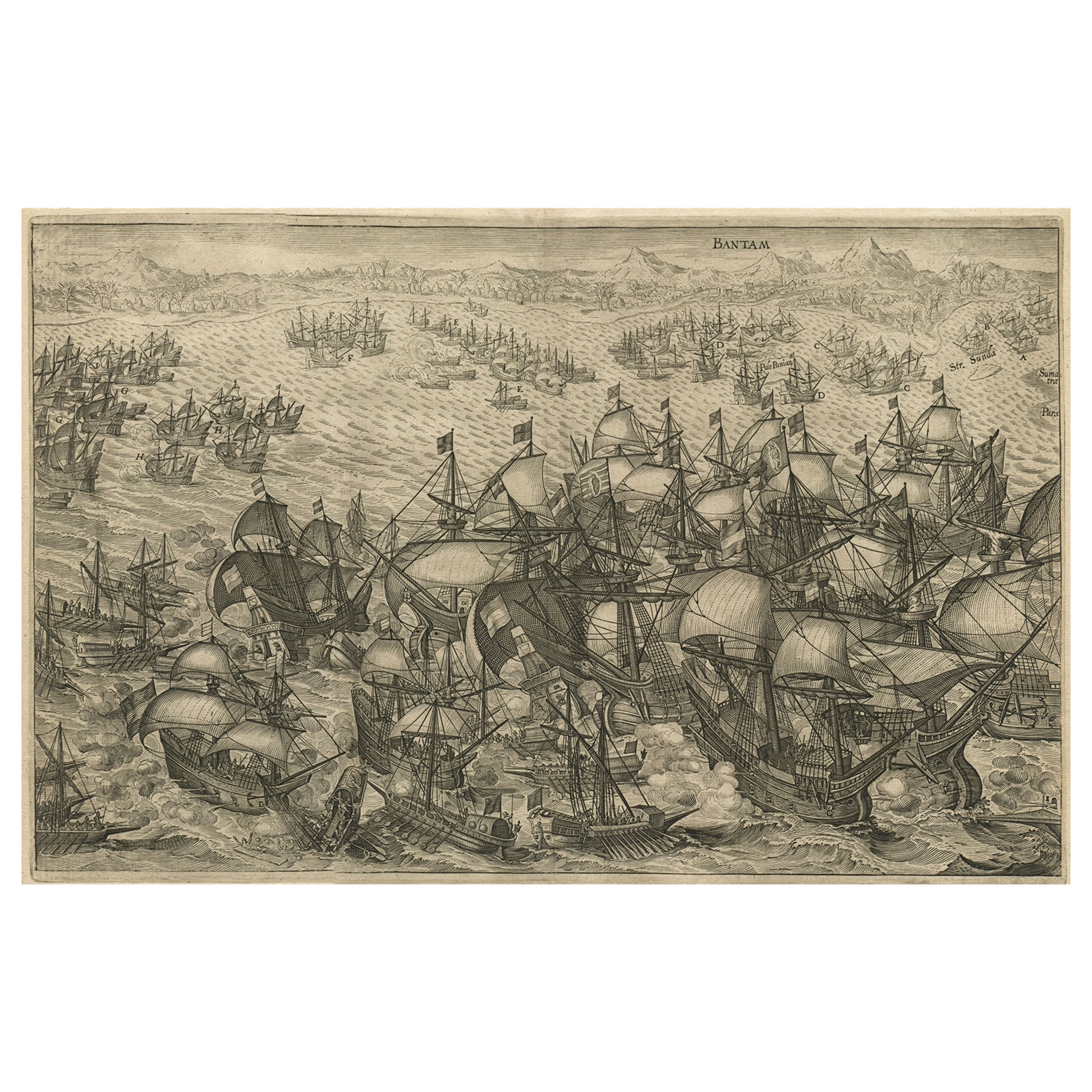 Gravure d'une attaque néerlandaise de la flotte portugaise au large de Bantam, Indonésie, 1644