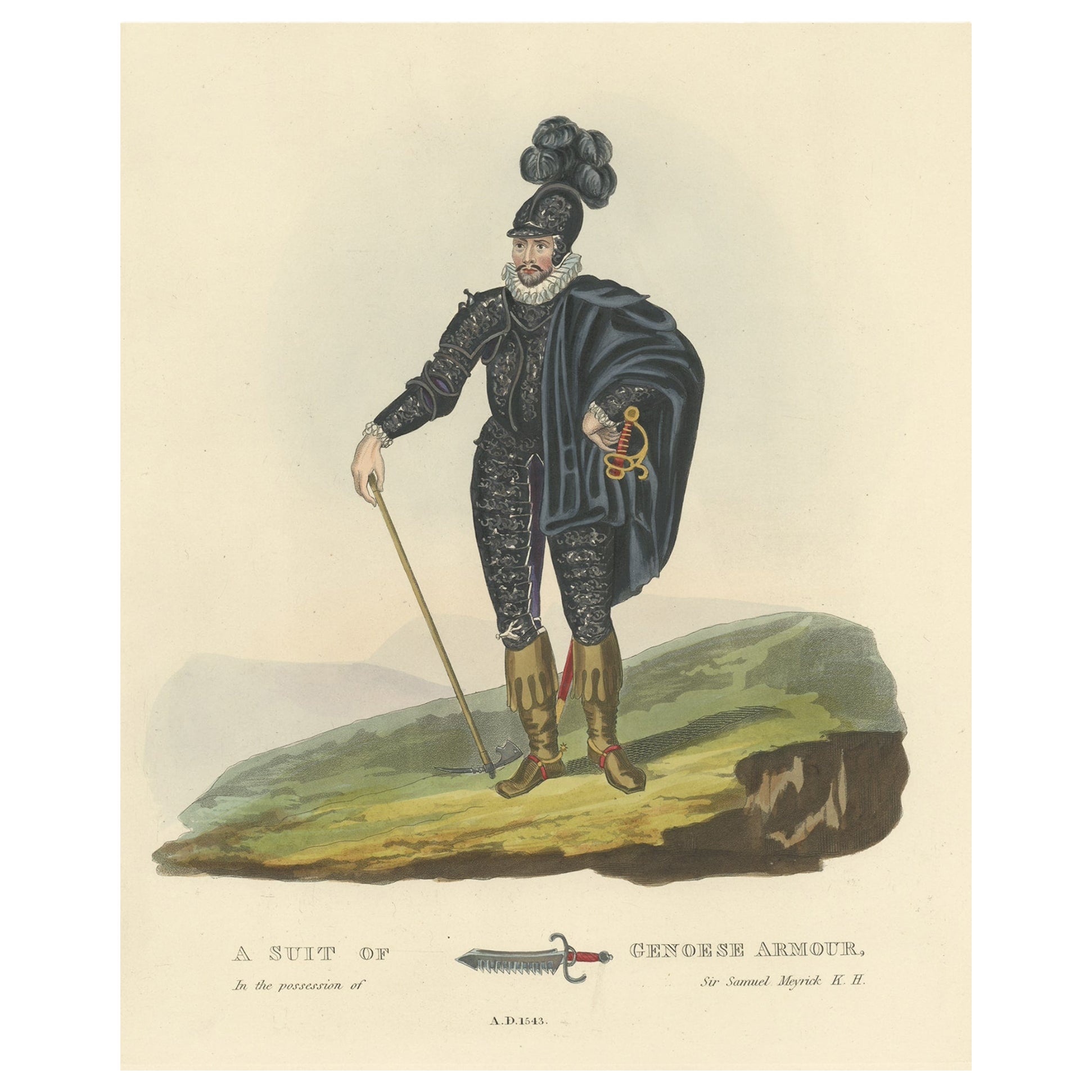 Old Print of Genoese Armour of Genoese Crossbowmen, 1842 For Sale