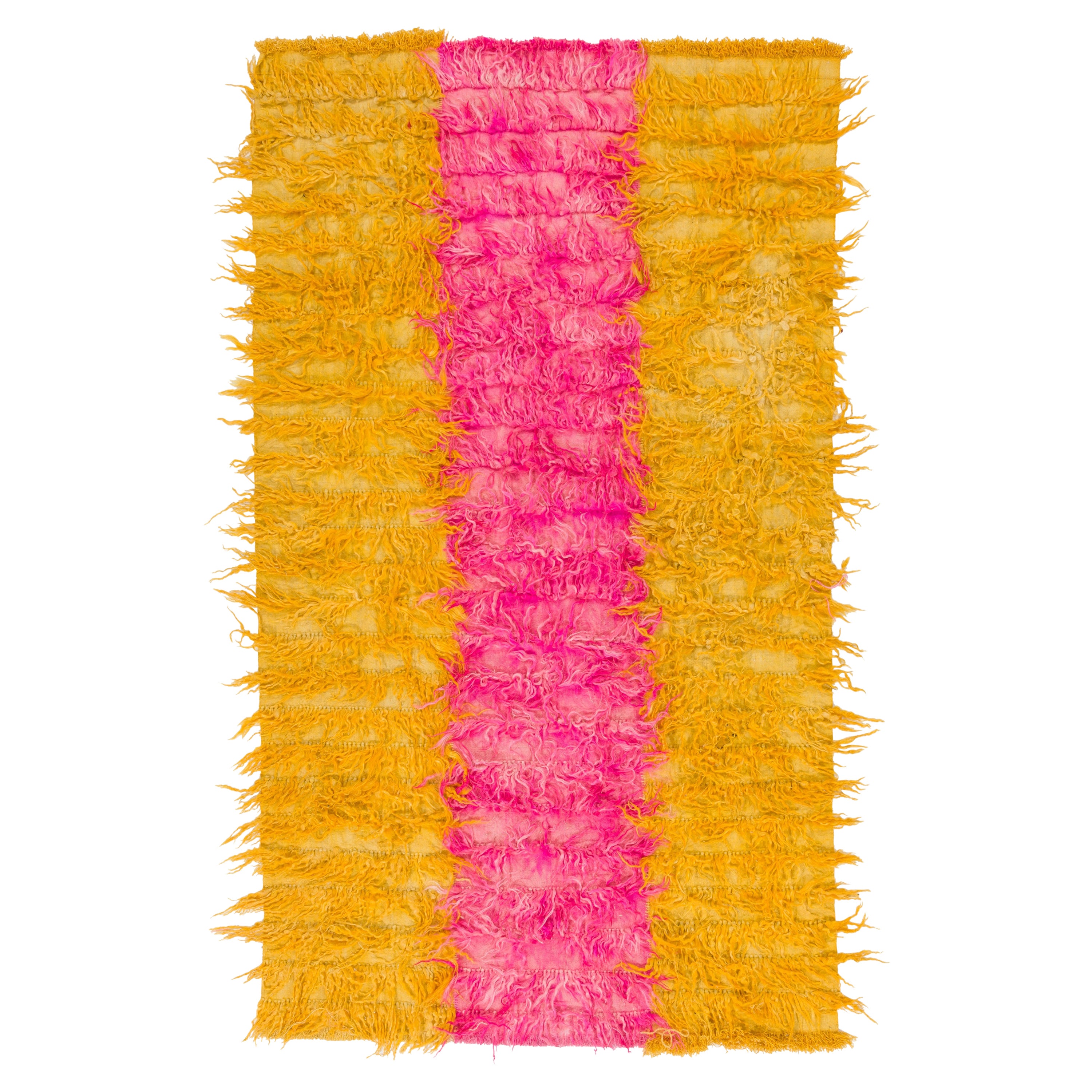 Shag Pile Mohair Tulu Rug. Yellow and Hot Pink Colors. Custom Options Available