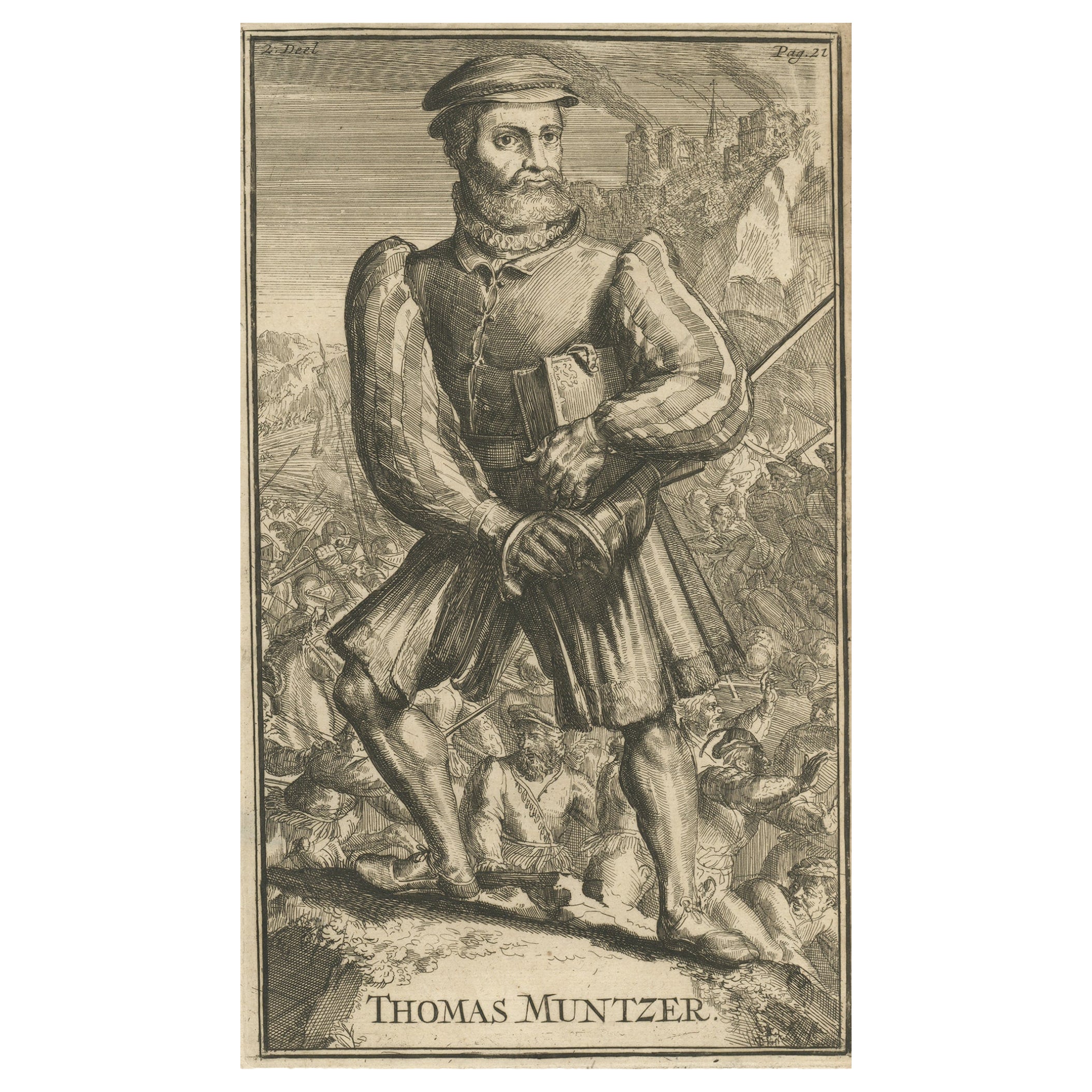 Antique Engraving of Thomas Müntzer, a Reformation-Era German Theologian, 1701 For Sale