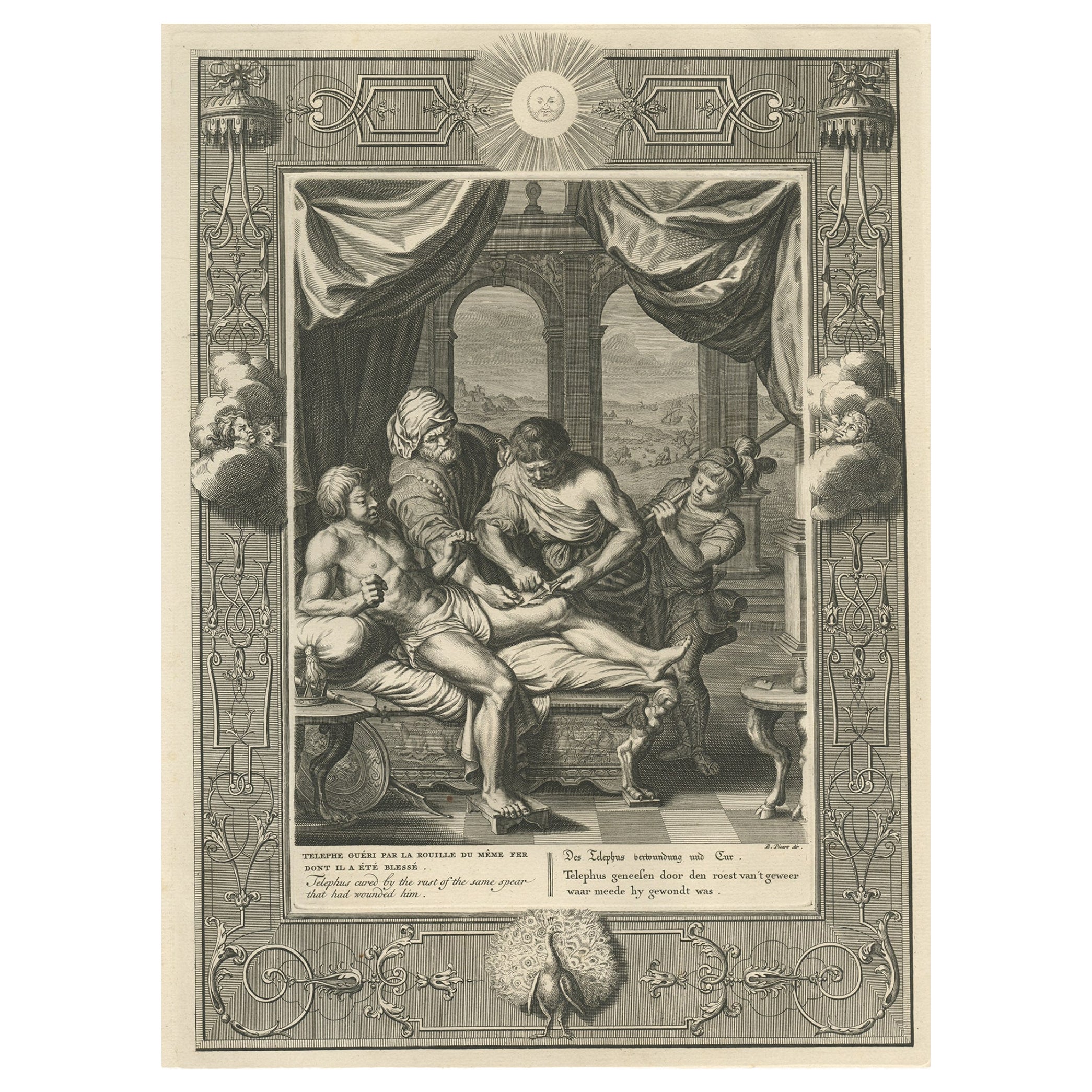Antique Print of a Wounded Telephos, After Consulting the Oracle of Delphi, 1733 For Sale
