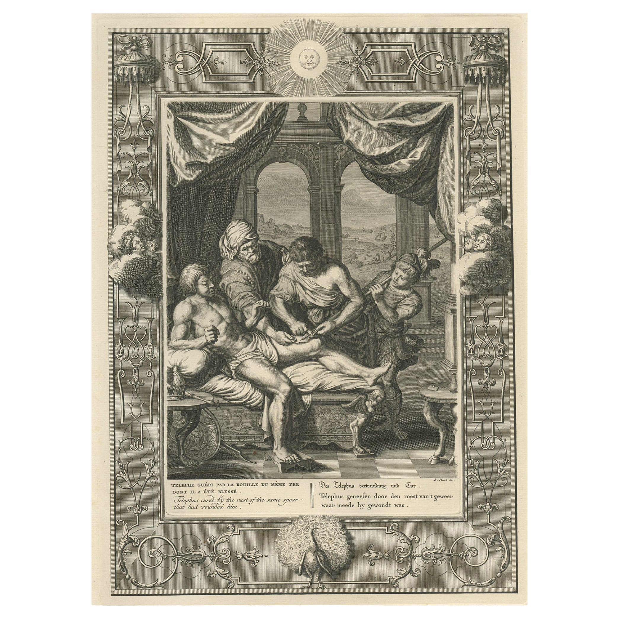 Antique Print of a Wounded Telephos, After Consulting the Oracle of Delphi, 1733