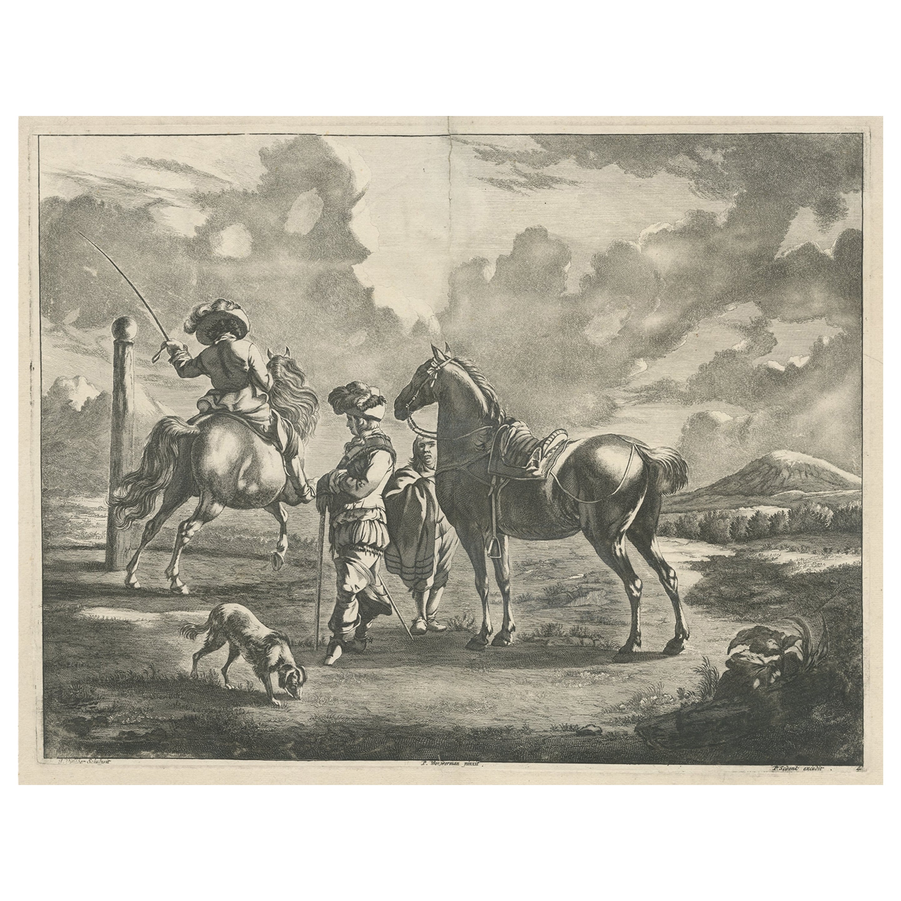 Rare gravure ancienne d'un paysage avec deux chevaux et des chevaux, vers 1680 en vente