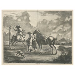 Rare Antique Engraving of a Landscape with Two Horses and Horsemen, ca.1680