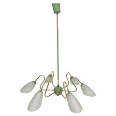 1950s Mid-Century Modern Brass and Green Painted Metal Italian Chandelier