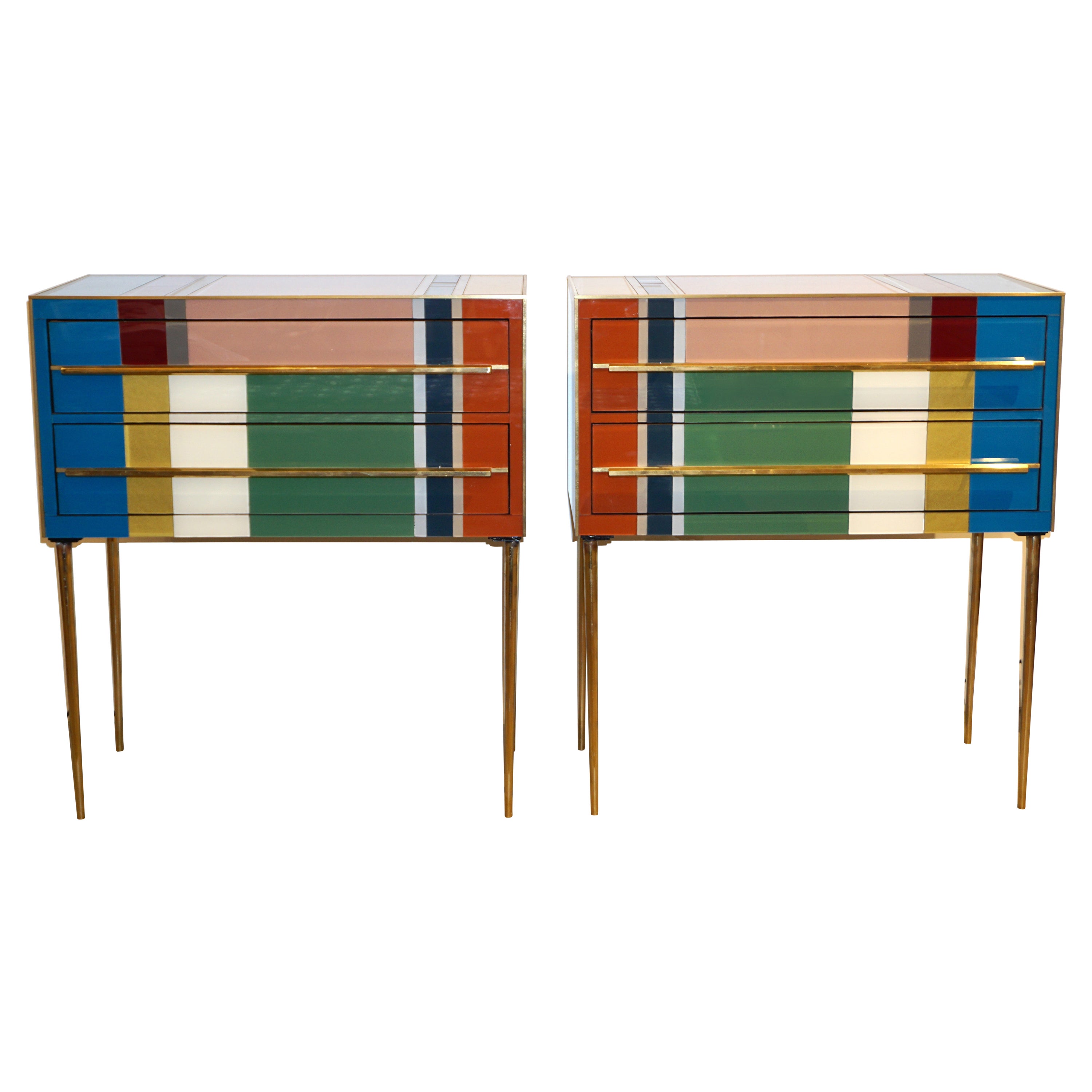 Bespoke Italian Pair of Mondrian Style Blue Green Yellow Chests / End Tables