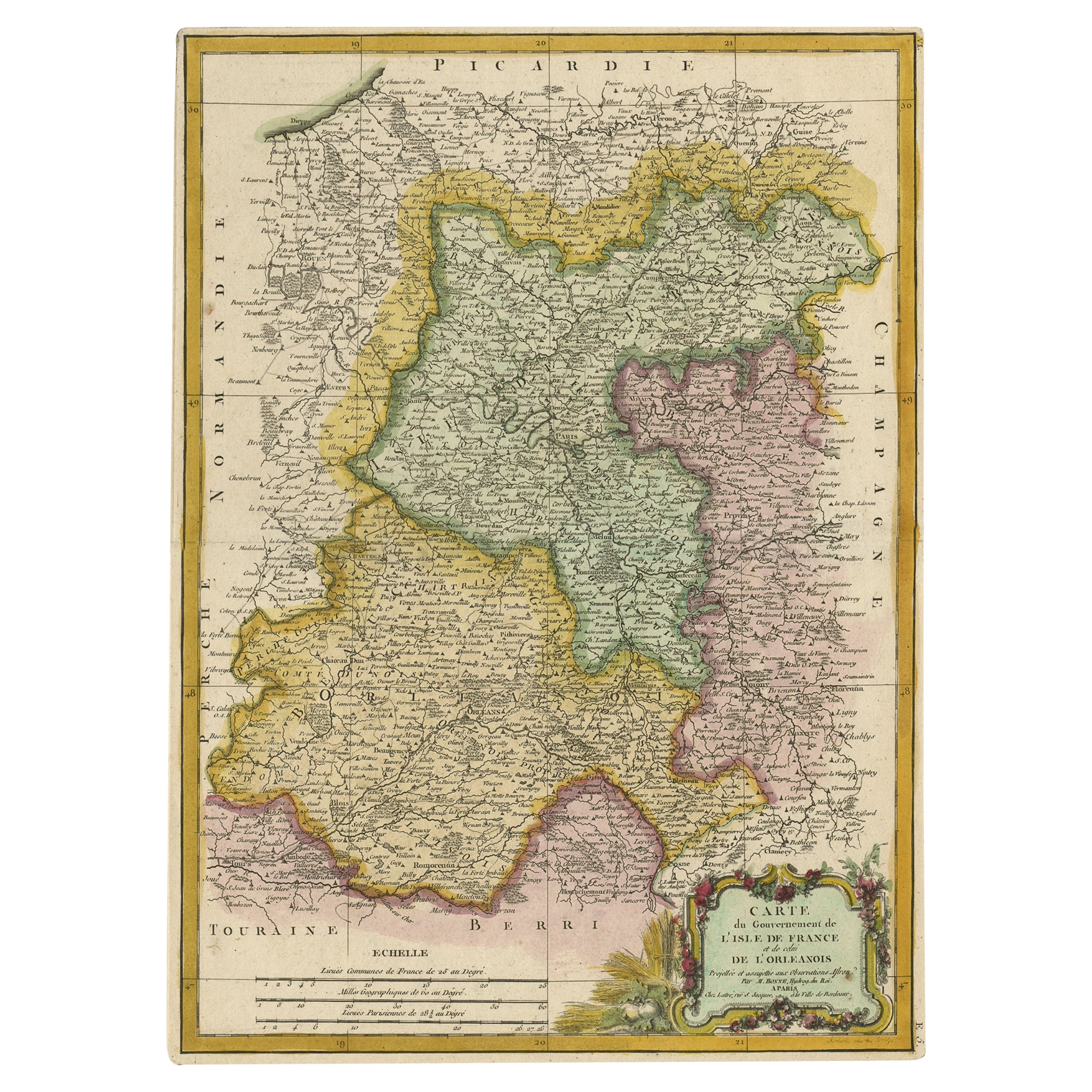 Decorative Rare Map of the French Regions of Isle De France and Orleans, ca.1780