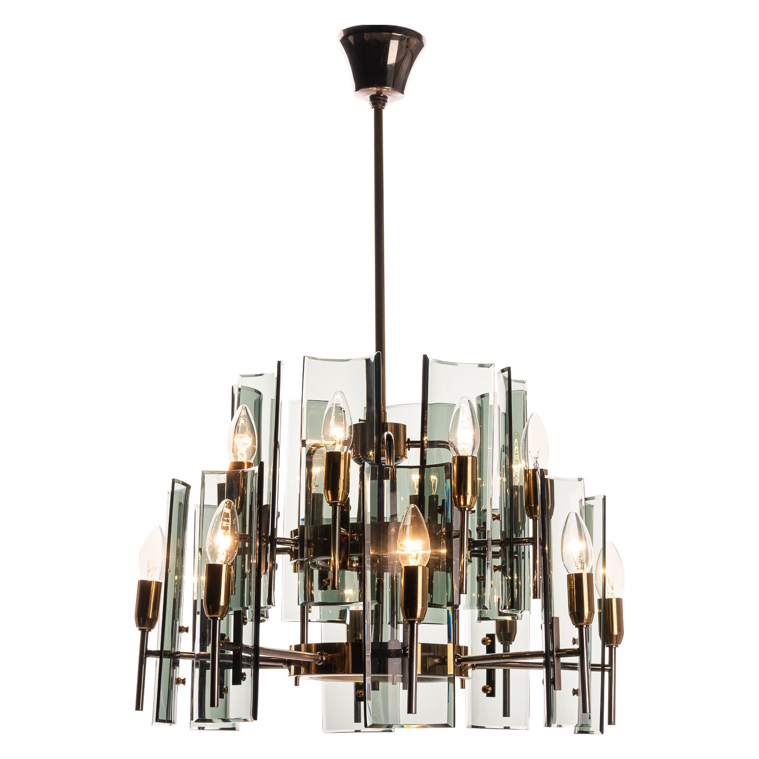 1950's Brass, Glass & Chrome Chandelier by Cristal Arte For Sale