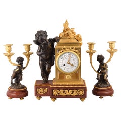Clock Set, Bronze, Rouge Griotte, Etc, France, 19th C. After Clodion