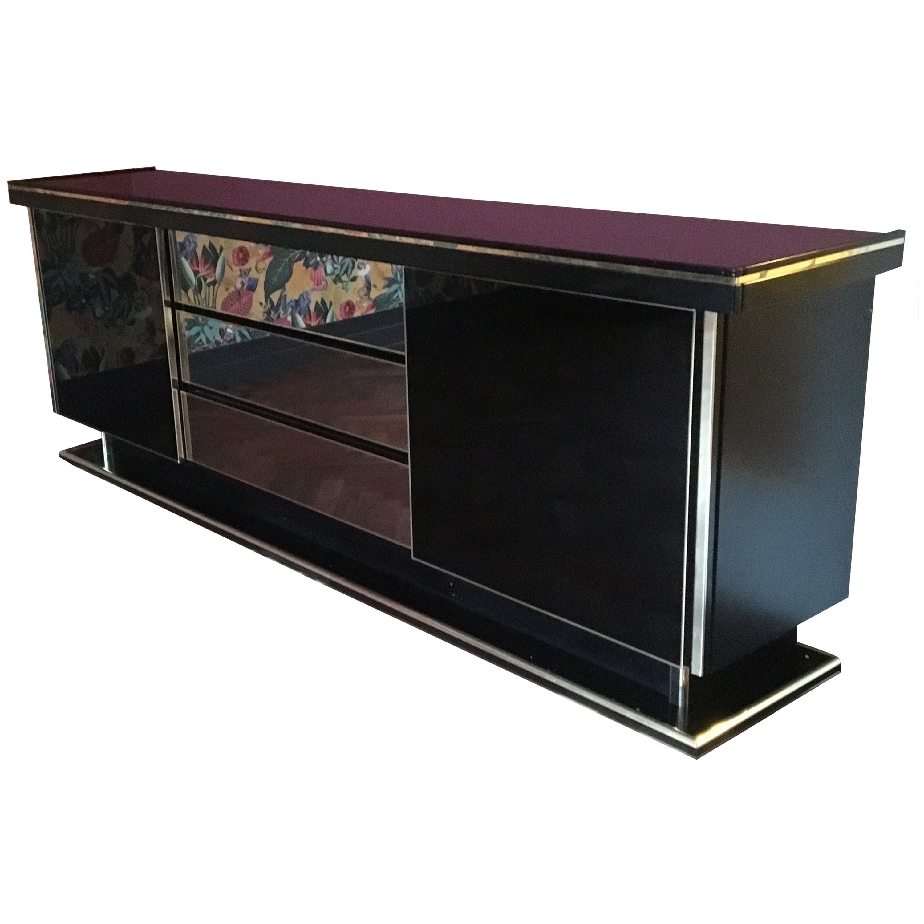 Black Lacquered Sideboard with Sliding Doors and Mirrored Drawers
